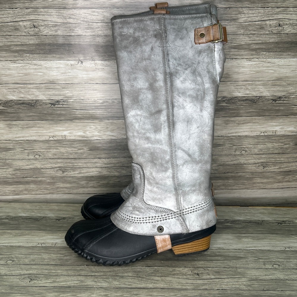 Sorel Slimpack Tall Equestrian Riding Rain Snow Duck Boot Gray Brown Womens 8.5